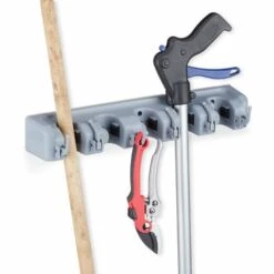 Relaxdays Porte-balai En Fixation Murale, 5 Supports Muraux, 5 Crochets, Rangement à Outils Pour Le Mur, 40 Cm, PP, Gris