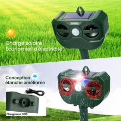 MERKMAK Repulsif A Ultrasons Solaire Exterieur Impermeable 5 Niveaux De Frequence Reglables Avec Lumiere LED Puissante Et Son D'alarme -Outil d'entretien du jardin Soldes 54079901 5